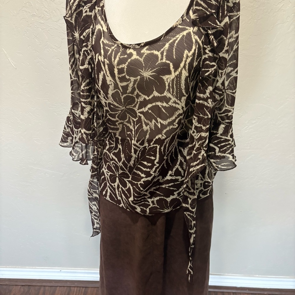 NWT 90s Sheer Floral Ruffle Tie Blouse Brown Beige | Versailles PM - Picture 5 of 12